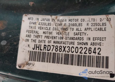 2003 Honda Cr-V Ex из США, поврежденный, VIN JHLRD788X3C022642